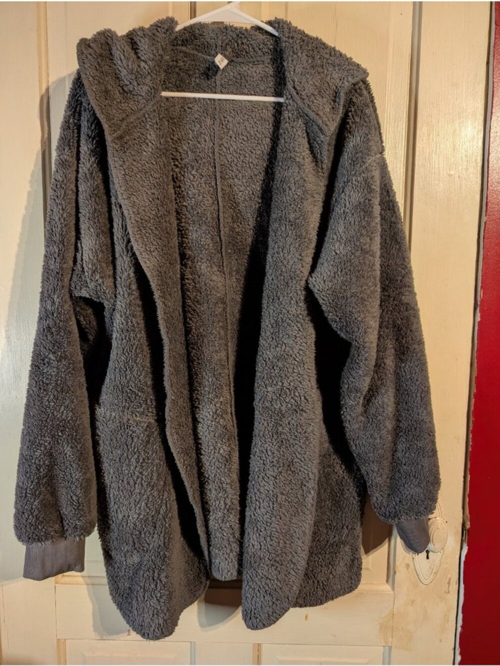 Longyuan Cozy Teddy Fleece Gray Long Sleeve Pockets Hoodie Open Jacket Size XL